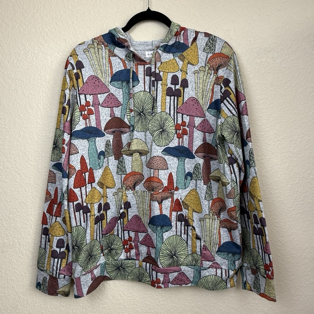 LA Soul Whimsical Novelty Retro Mushroom Print Pullover Hoodie Nature Fungi Sz L